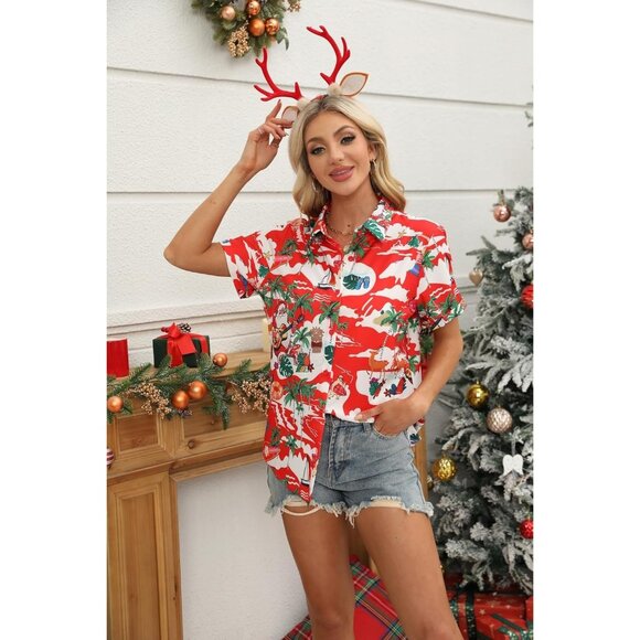 Women Red Christmas Hawaiian Button Down Shirts Short Sleeve Casual Floral Shirt - Picture 5 of 7